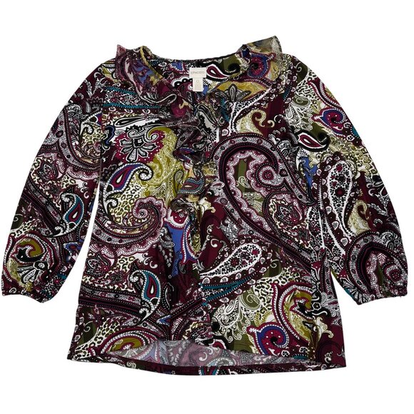Chicos Women's Petite Small O Paisley Print Ruffle Blouse Multicolor 3/4 Sleeve - Picture 1 of 8